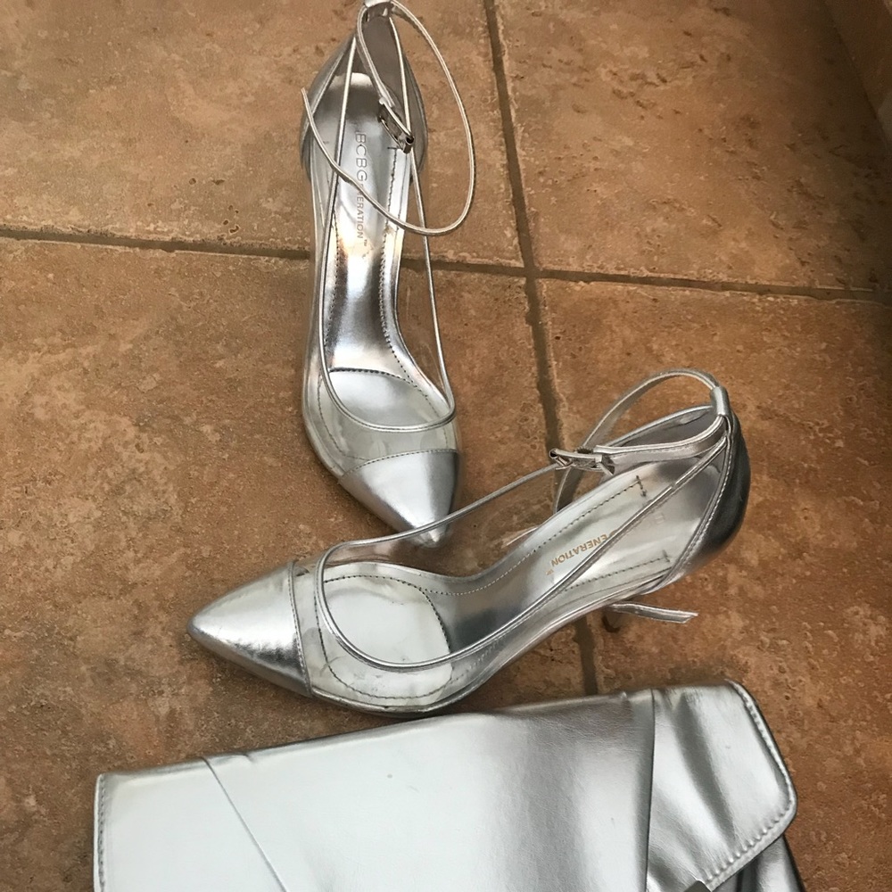 Bcbg heels and silver clutch